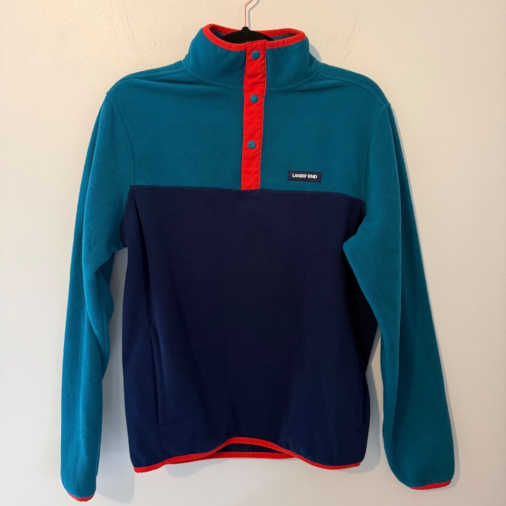 Lands End women's Teal Navy Blue Colorblock Snap Fleece Pullover Mock Neck Small